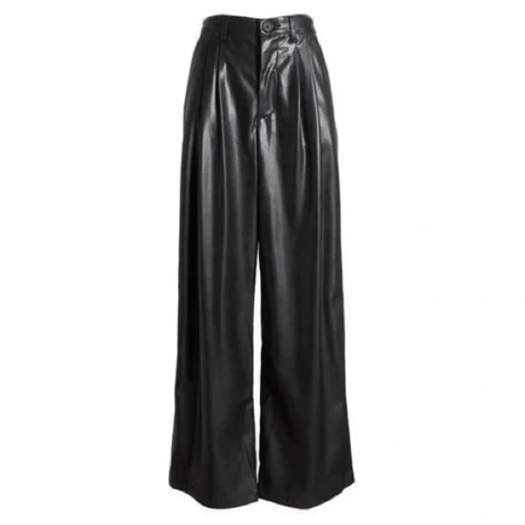 BlankNYC Women’s Black Vegan Leather Wide Leg Pleated Pants Size 30 - Picture 5 of 6